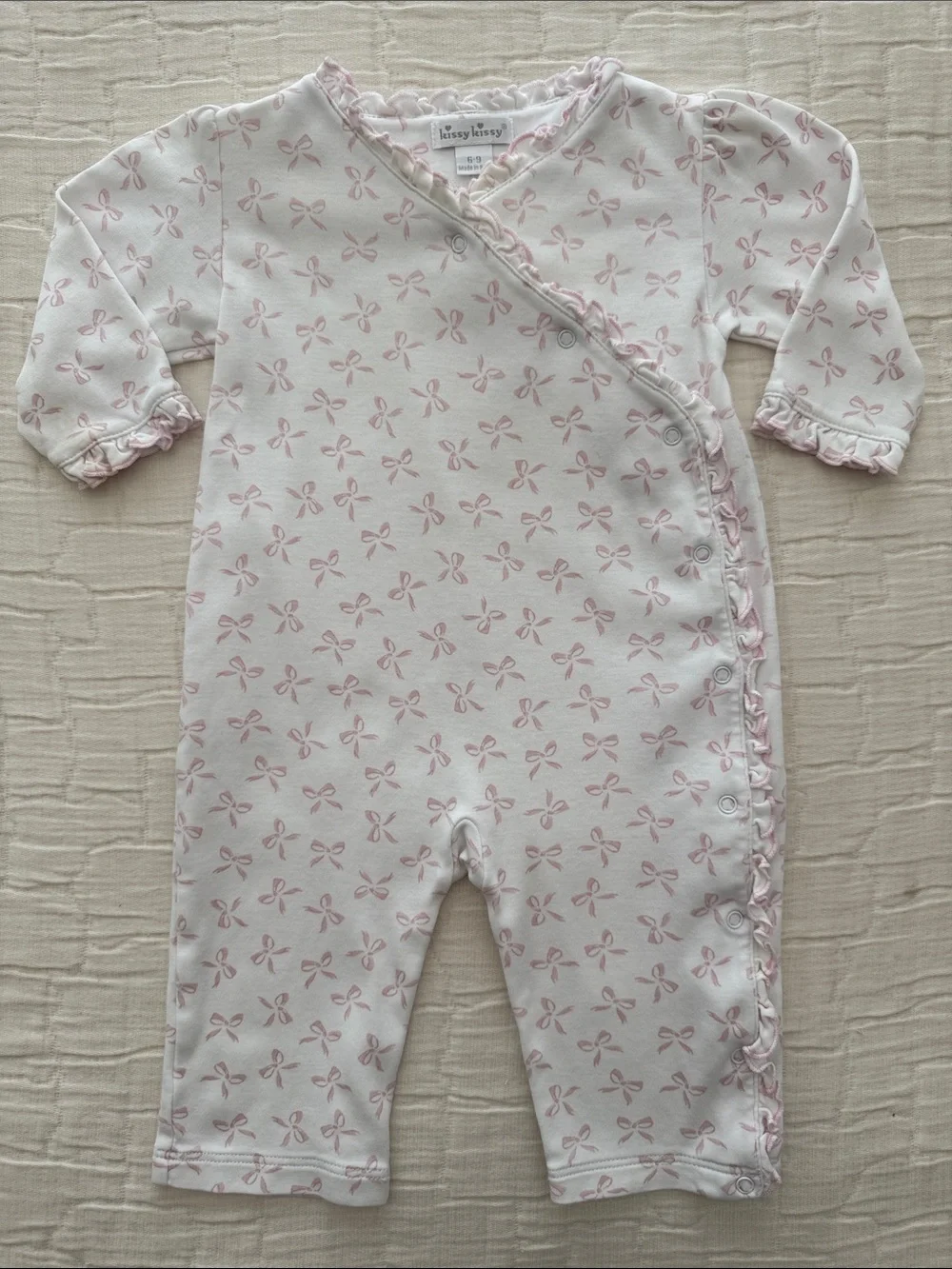 Kissy Kissy 1 Pc Ruffle Trim Bow Print - White/Pink, 6-9 M